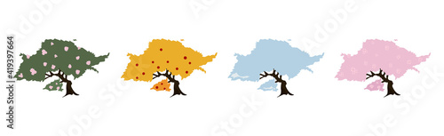 Vector set of cartoon trees in four seasons.Spring, summer, autumn, winter. Forest, garden.Sakura. Isolated on white background.Illustration for web, banner, poster, celebration, event, greeting card.