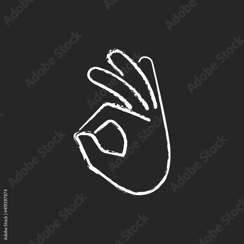 Okay gesture chalk white icon on black background. Sign or ring gesture. Perfect. Army sign. Circle made from index and thumb. Army gestures. Isolated vector chalkboard illustration