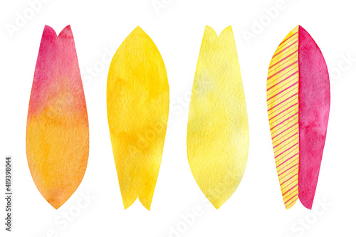 Bright watercolor surfboard set isolated on a white background. Yellow and pink simplified fish boards. Gradient and striped design