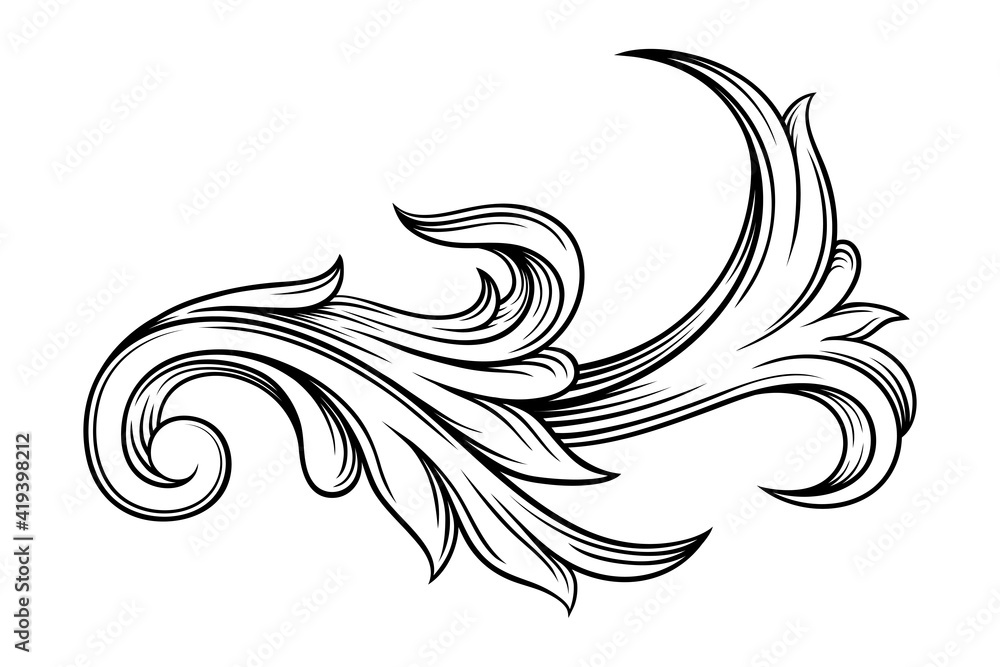 Scroll as Baroque Element with Arabesque and Flourish Motif Vector Illustration Scroll as Baroque Element with Arabesque and Flourish Motif Vector Illustration