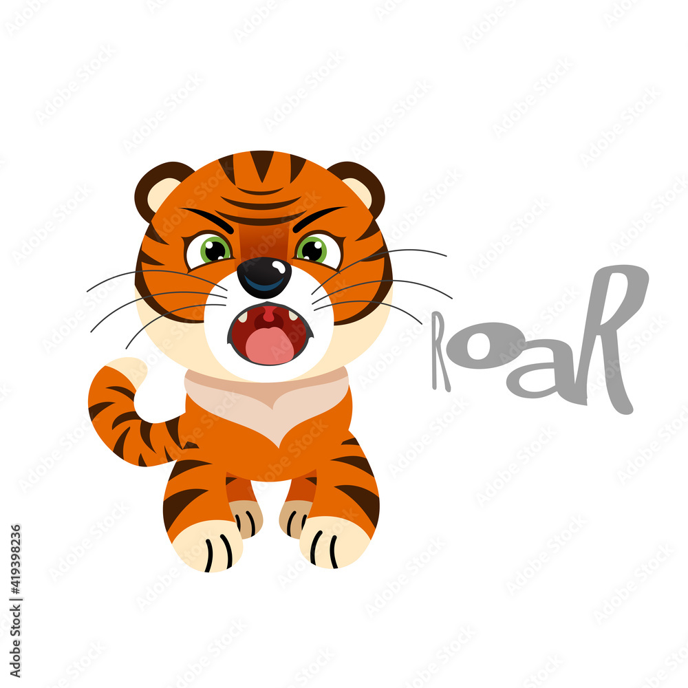 Cute little tiger roaring. Chinese 2022 year symbol. Year of tiger. Cartoon mascot. Smiling adorable character. Vector illustration isolated on white background. Cute little tiger roaring. Chinese 2022 year symbol. Year of tiger. Cartoon mascot. Smiling adorable character. Vector illustration isolated on white background.