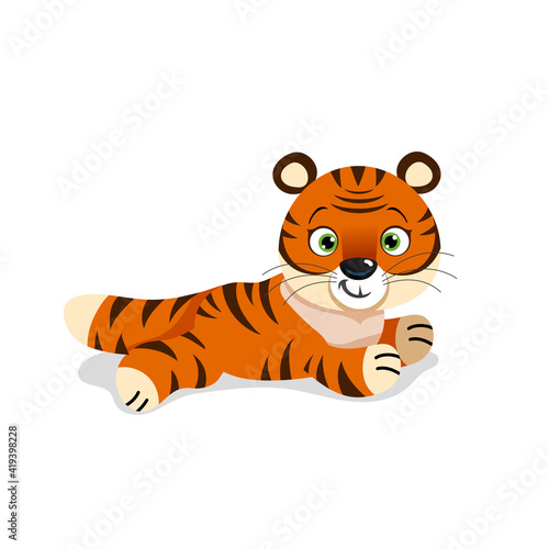 Cute little tiger in relaxing pose. Chinese 2022 year symbol. Year of tiger. Cartoon mascot. Smiling adorable character. Vector illustration isolated on white background.