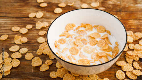 Eco healthy food background. Corn flakes with milk. Healthy food