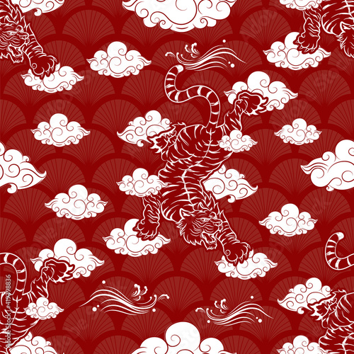Abstract Art Japanese Repeat Pattern Red and White Theme with Climbing Tiger with Windy Line  Graphics and Different Cloud Shape on Japan Bush Pattern Red Background Template Design for Wrapping Paper