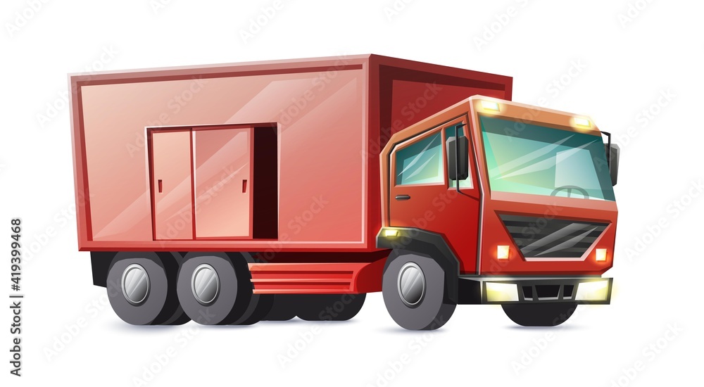 Vector cartoon style red cargo lorry truck isolated on white background. Vector cartoon style red cargo lorry truck isolated on white background.