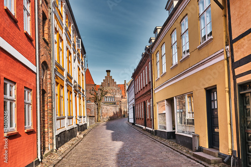 Fototapeta Naklejka Na Ścianę i Meble -  Cobbled streets in the old medieval city Ribe, Denmark