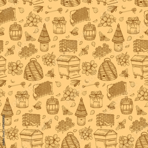 Seamless pattern of honey, bees, honeycomb, beehives, jars and pot. Vector illustration in graphic hand draw sketch style. Organic healthy food. Products for Logo, labels cards and brochures