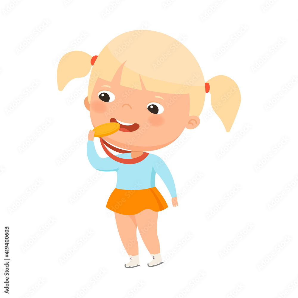 Cute Little Blond Girl Winner with Gold Medal Vector Illustration