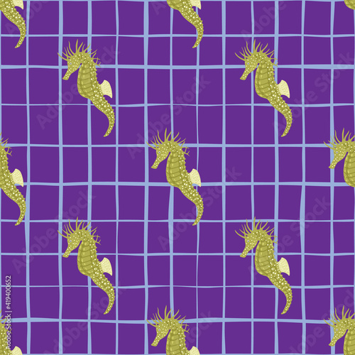 Bright abstract seamless pattern with green seahorse doodle elements. Purple chequered background.