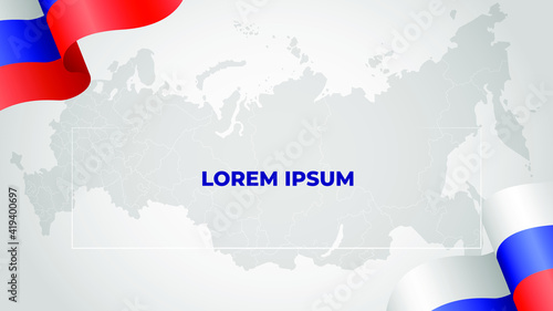 On a gray background, a map of Russia. In the corners of the developing flag of the Russian Federation.