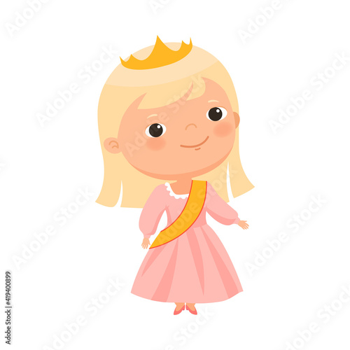 Smiling Blond Girl in Pretty Dress with Crown on Her Head and Victory Ribbon Vector Illustration © Happypictures