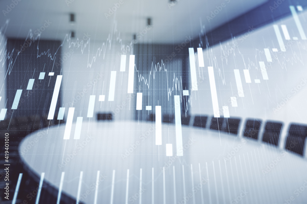 Double exposure of virtual creative financial diagram on a modern boardroom background, banking and accounting concept Double exposure of virtual creative financial diagram on a modern boardroom background, banking and accounting concept