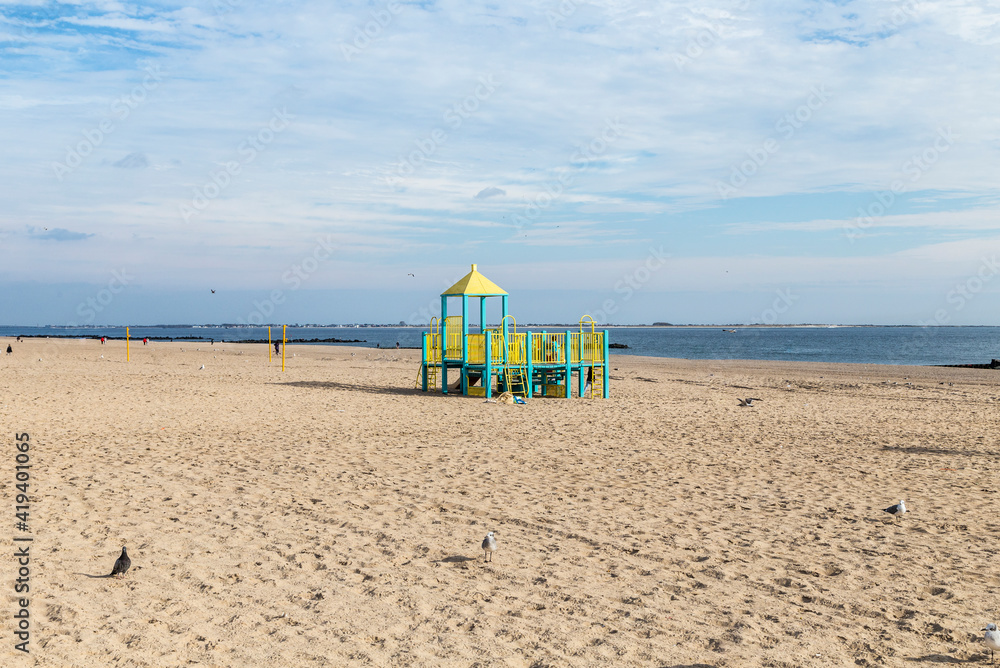 playground for children at the empty beach at Coney Island, the amusement beach zone of New York