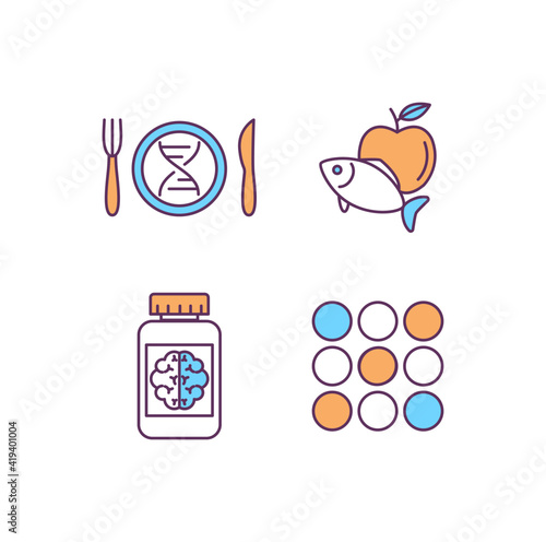 Biohacking RGB color icons set. Nutrigenomics. Cognitive-boosting medications. Healthy nutrition. Chromotherapy. Nutritional genomics. Brain activity improvement. Isolated vector illustrations