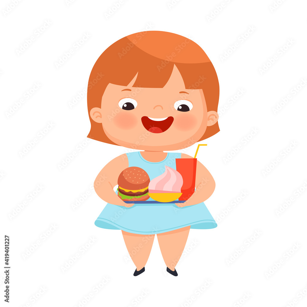 Little Girl with Overweight and Body Fat Overeating Vector Illustration