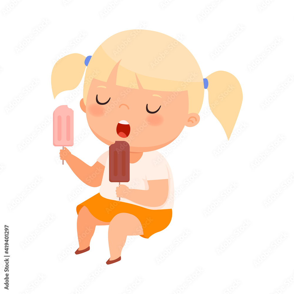 Little Girl with Overweight and Body Fat Overeating Vector Illustration Little Girl with Overweight and Body Fat Overeating Vector Illustration