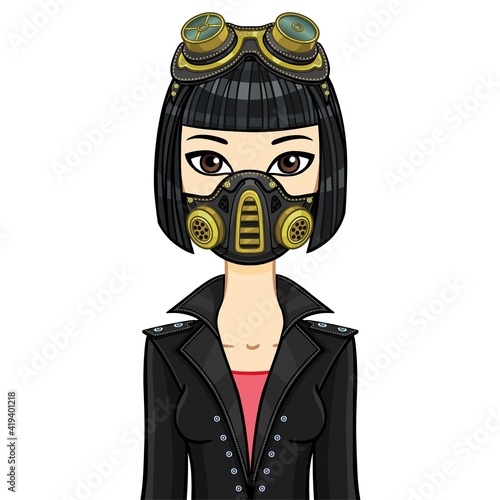 Animation portrait of a young Asian woman In protective leather mask and steampunk glasses. Template for use. Vector illustration isolated on white background.