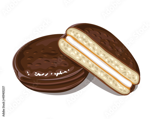 Choco pie, isolated sweet dessert on white background. Vector image