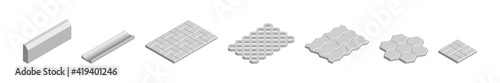 Isometric vector illustration concrete paver blocks isolated on white background. Realistic different shape street paving slabs icons in flat cartoon style. Pavement floor bricks. Street tiles.