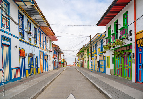A beautiful red street with colonial architecture in the town of Filandia, Quindío, Colombia photo