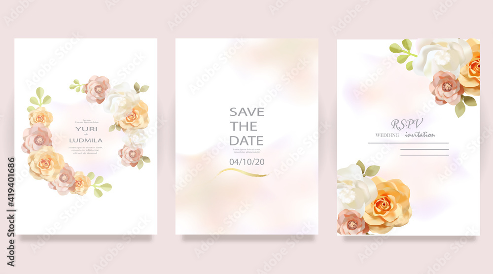 Elegant wedding cards with pink watercolor texture and spring flowers. White peony, pink ranunculus, dusty rose Elegant wedding cards with pink watercolor texture and spring flowers. White peony, pink ranunculus, dusty rose
