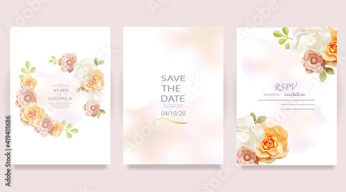 Elegant wedding cards with pink watercolor texture and spring flowers. White peony, pink ranunculus, dusty rose