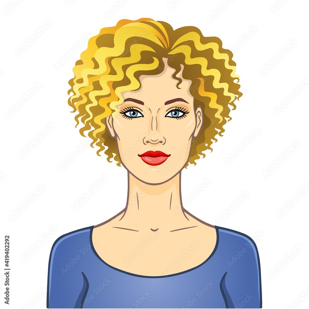 Animation portrait of the young beautiful white woman with curly blonde hair. Color drawing. Template for use. Vector illustration isolated on white background. Animation portrait of the young beautiful white woman with curly blonde hair. Color drawing. Template for use. Vector illustration isolated on white background.