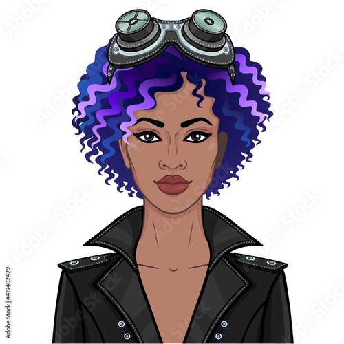 Cartoon portrait of a young black woman wearing a coat and in steampunk glasses. Template for use. Vector illustration isolated on white background.