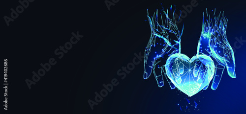 Human hands holding or giving heart in dark blue. Charity, volunteering, social care concept. Low poly mesh wireframe vector