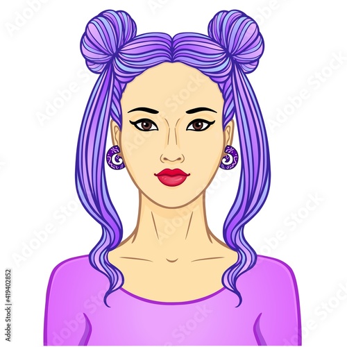 Animation portrait of a young Asian woman with blue hair. Template for use. Vector illustration isolated on white background.