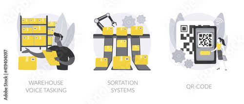 Logistics order processing abstract concept vector illustration set. Warehouse voice tasking, sortation system, QR code, automated paperless operation, conveyor, automated inventory abstract metaphor.
