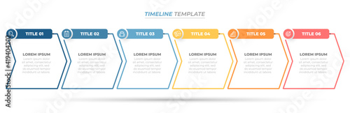 infographic business process thin line design elements with arrow and icon. Timeline with 6 options, steps, parts. Can be used for info chart, workflow layout, web design.
