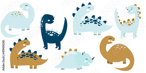 Cute dinosaurs doodles set scandinavian style. Funny cartoon dinos. Hand drawn vector doodle design for girls, kids. Hand drawn children's illustration for fashion clothes, shirt, fabric, wall poster © Krapiva Studio