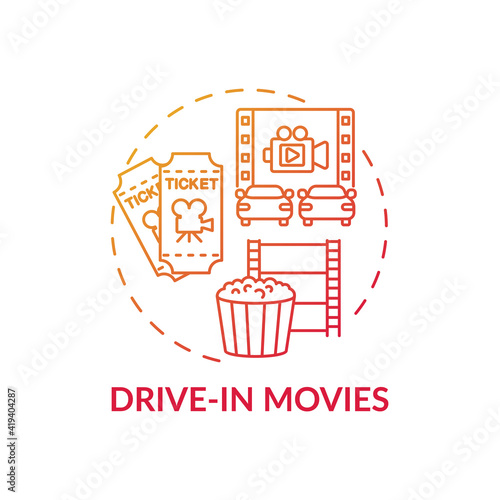 Drive in movies concept icon. Family fun ideas. Going to car evening cinema with whole family. Fun activity with kids idea thin line illustration. Vector isolated outline RGB color drawing