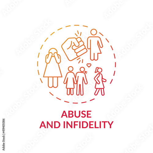 Abuse and infidelity concept icon. Online family therapy types. Fighting with toxic relationships between family members idea thin line illustration. Vector isolated outline RGB color drawing
