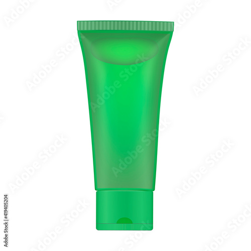 Aloe vera facial gel in green transparent tube. Cucumber mask.  Bubble inside. Moisturizer. Korean cosmetics. Realistic vector illustration. 3d mockup. Green tea or apple shampoo. Mint or melissa gel.