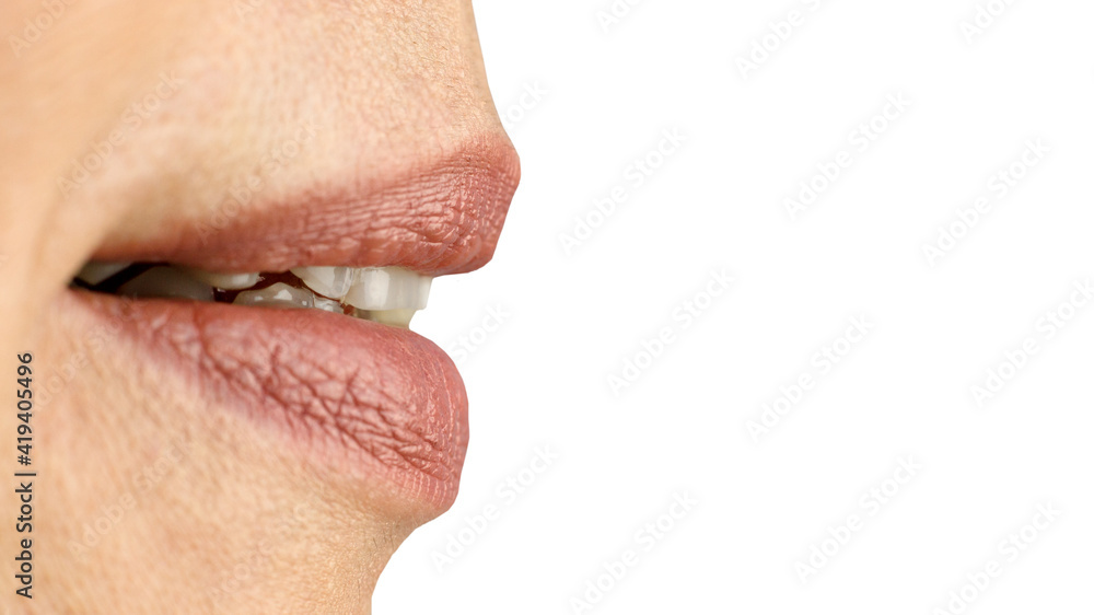 Obraz premium Female mouth, slightly parted lips sexually. Close-up