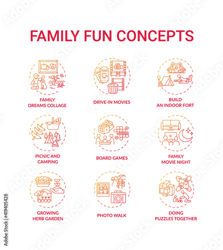 Family fun concept icons set. Family dreams photo collage. Growing plants in house garden. Family movie night cinema idea thin line RGB color illustrations. Vector isolated outline drawings