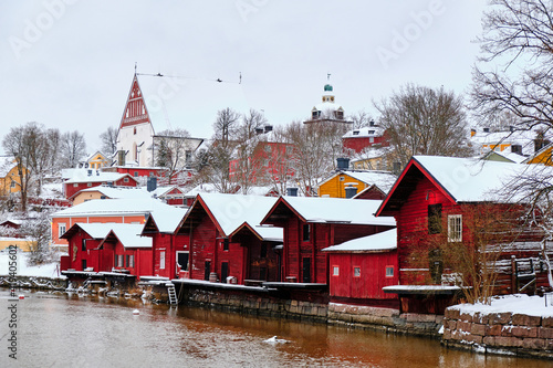 Obraz na płótnie Old Porvoo, with its red-ochre painted riverside warehouses, is one of the most photographed national landscapes in Finland. View from Old Bridge. w salonie