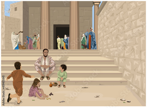 Little Jesus Come To Jesus With Pharisees In Distance Praying And Giving To Charity - concept illustrating Matthew 18:3