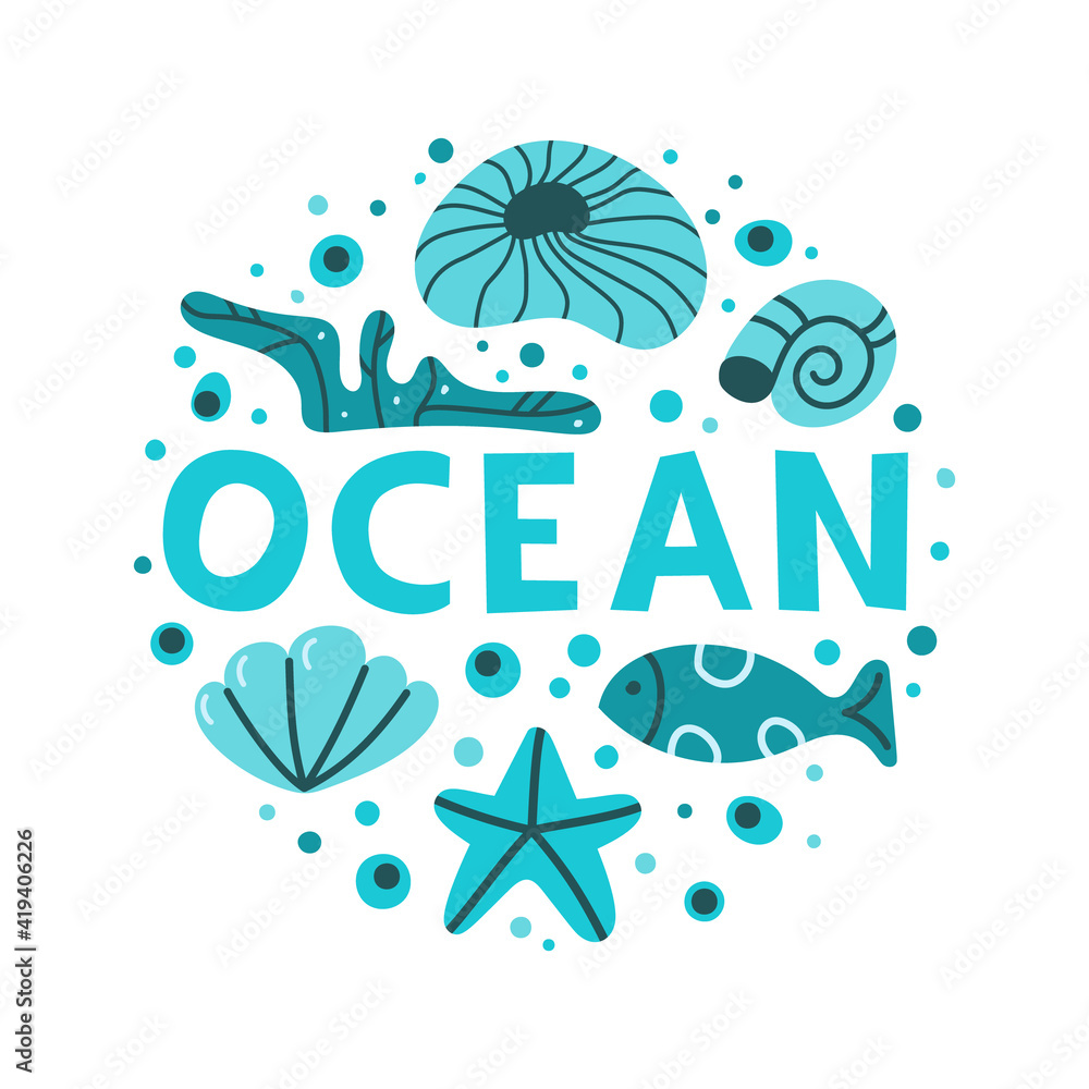 Ocean hand drawn illustration. Round cartoon clipart of ocean animal, sea plants. Childish poster, t shirt print, cover design. Flat isolated vector, white background. Monochrome turquoise cute icons