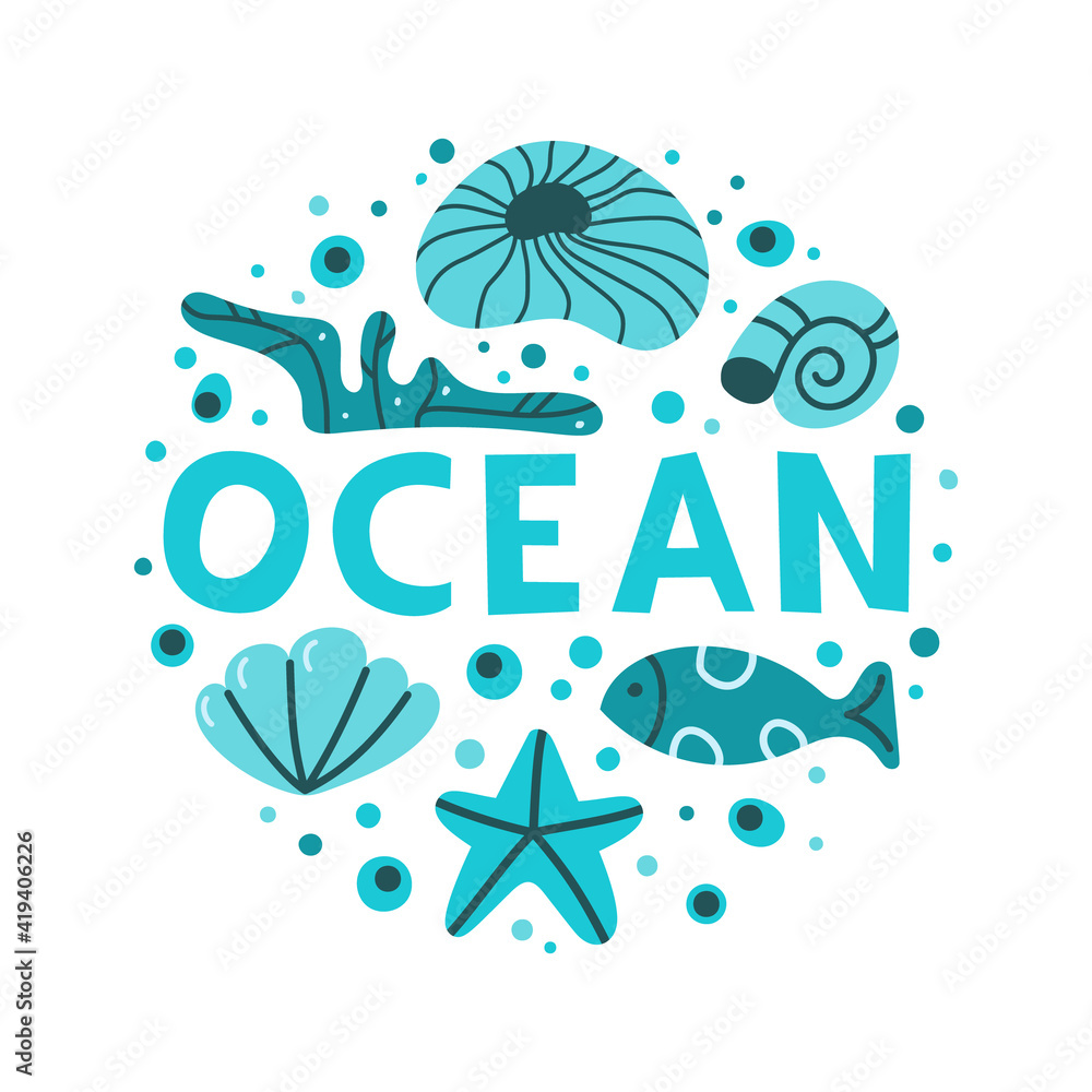 Naklejka premium Ocean hand drawn illustration. Round cartoon clipart of ocean animal, sea plants. Childish poster, t shirt print, cover design. Flat isolated vector, white background. Monochrome turquoise cute icons