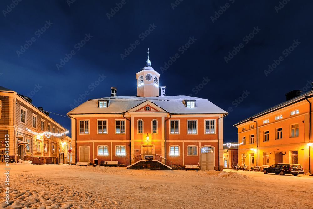Porvoo old Townhall in winter snowy day, Finland.