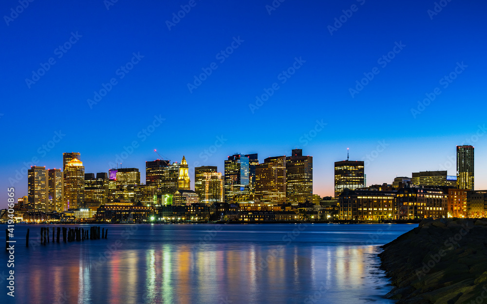 Panoramic Blue Night Skyline of Boston City