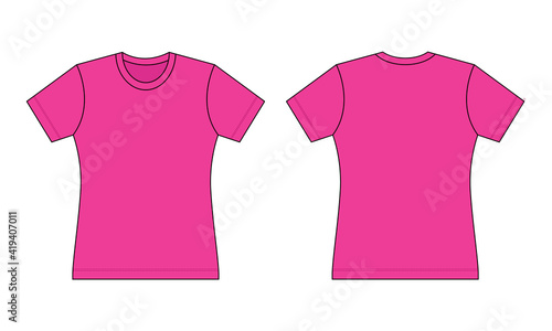 Women's Flat Pink T-Shirt Template Vector On White Background.Front And Back View.