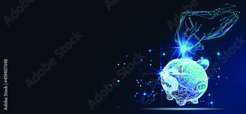 Hand putting money into piggy coin bank. Abstract low poly vector wireframe of saving money, finances, budget concept in dark blue.
