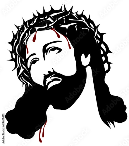 Jesus portrait, head, face, of Christ in black and white with crown of thorns, holy son of god, faith and christianity, lord our savior, religious symbol and icon, cutout vector, black white and red