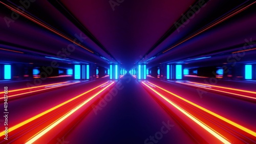 Abstract 3d illustration of tunnel with glowing lines and blocks