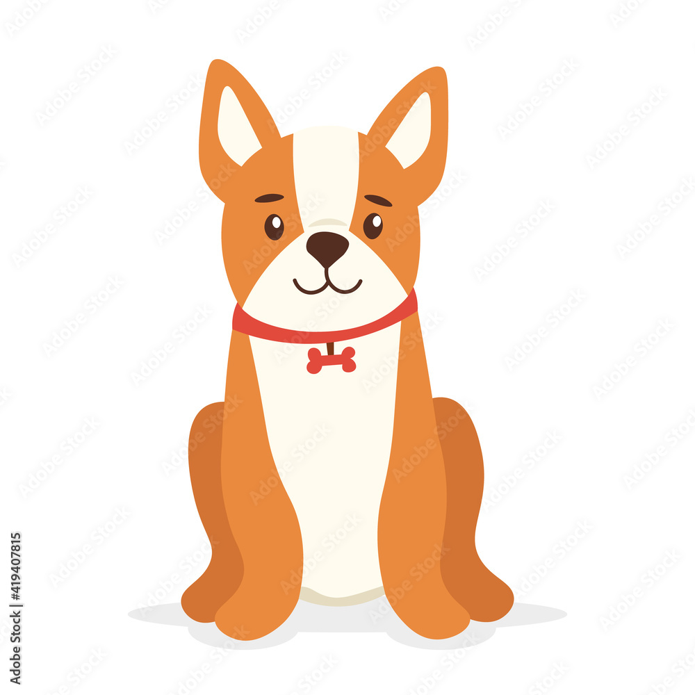 Cute funny cartoon dog. Puppy pet character. Domestic animal. Isolated on white background. Vector illustration.