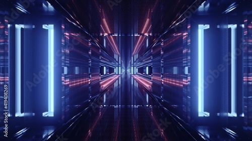 Futuristic 3d illustration of perspective tunnel with glowing panels